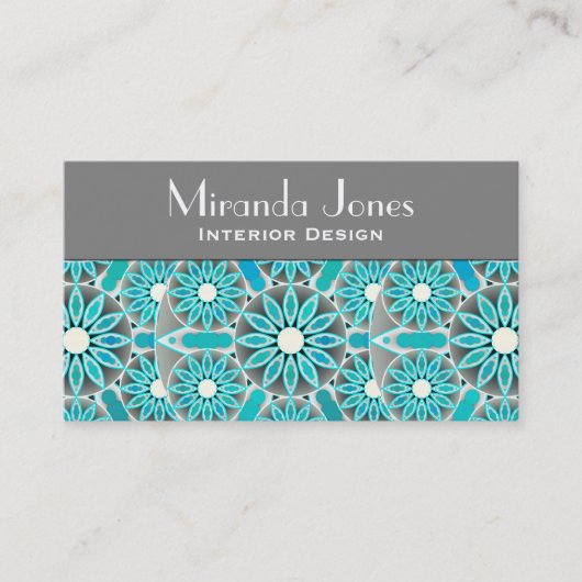 Mandala patroon, turquoise, zilvergrijs en wit visitekaartje (Voorkant)