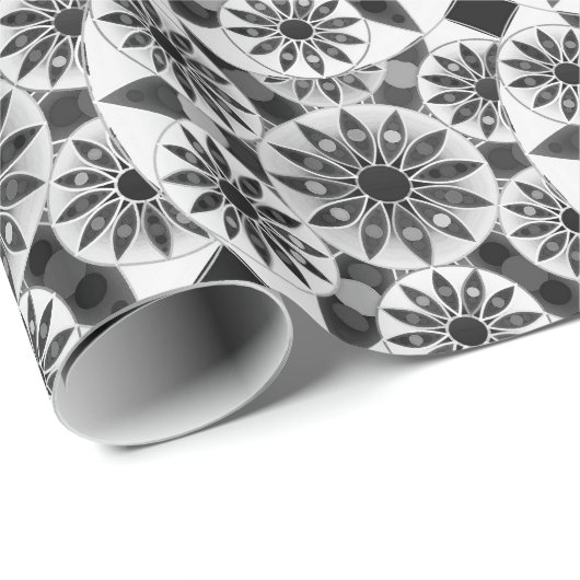 Mandala patroon, zwart, wit en grijs / grijs cadeaupapier (Rol Hoek)