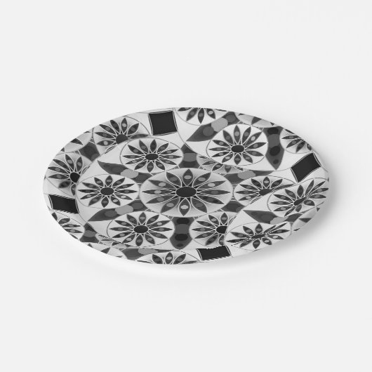 Mandala patroon, zwart, wit en grijs / grijs papieren bordje (Gekanteld)