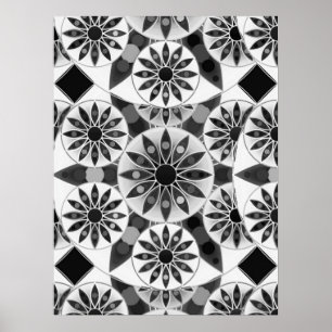 Mandala patroon, zwart, wit en grijs poster