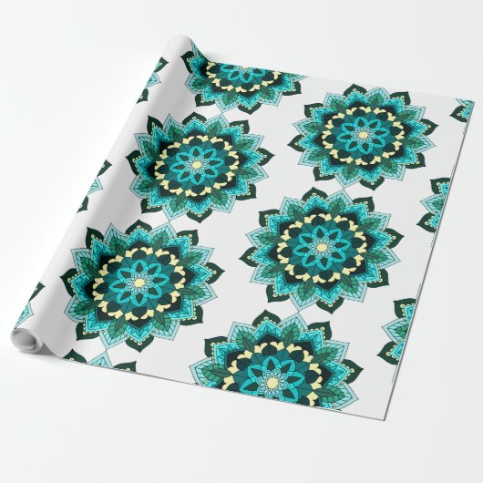 Mandala Pattern 02 in aqua Cadeaupapier (Uitgerold)