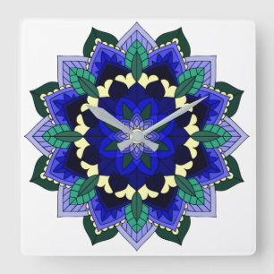 Mandala Pattern 02 in dark blue Square Wall Clock Vierkante Klok