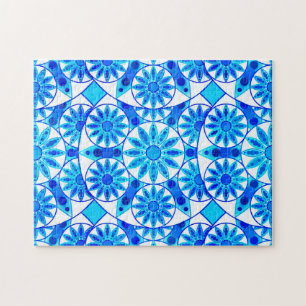 Mandala Pattern, Cobalt Blue, Turquoise en White Legpuzzel