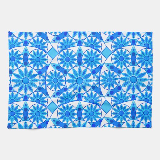 Mandala Pattern, Cobalt Blue, Turquoise en White Theedoek (Horizontaal)