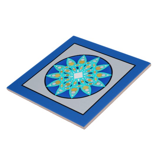 Mandala Pattern in Cobalt Blue en Grey / Grey Tegeltje (Zijkant)