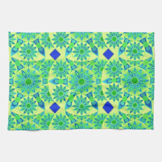 Mandala Pattern, Turquoise, Blue, Lime Green Theedoek (Horizontaal)