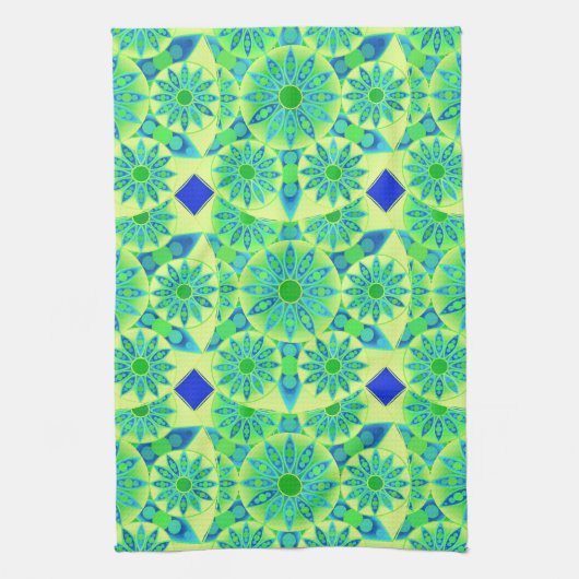 Mandala Pattern, Turquoise, Blue, Lime Green Theedoek (Verticaal)
