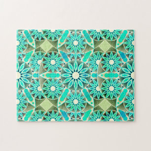 Mandala Pattern, Turquoise, Silver Grey en White Legpuzzel