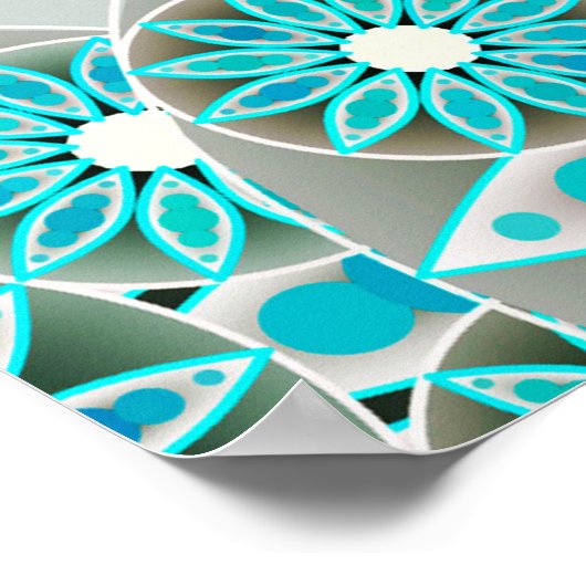 Mandala Pattern, Turquoise, Silver Grey en White Poster (Hoek)