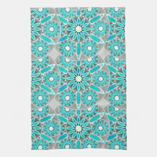 Mandala Pattern, Turquoise, Silver Grey en White Theedoek
