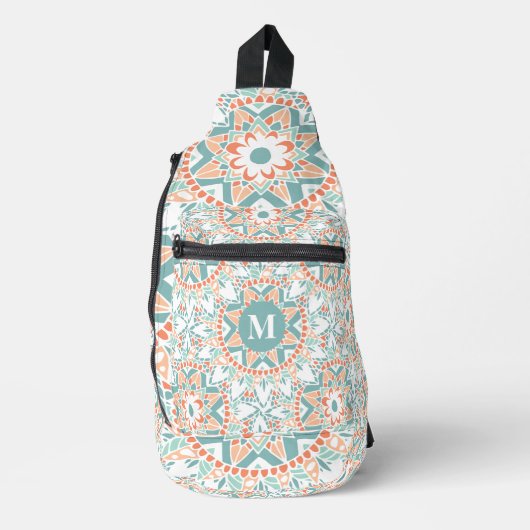 Mandala Peach Blauwgroen Pattern Monogram Sling Bag (Voorkant)