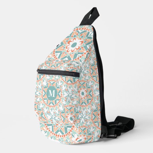 Mandala Peach Blauwgroen Pattern Monogram Sling Bag (Rechterhoek)