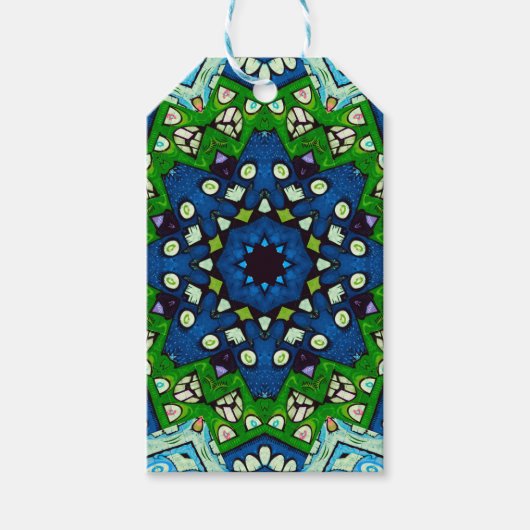 Mandala Retro Mosaic Green Blue Pattern Cadeaulabel (Voorkant)