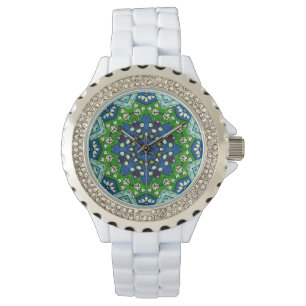 Mandala Retro Mosaic Green Blue Pattern Horloge