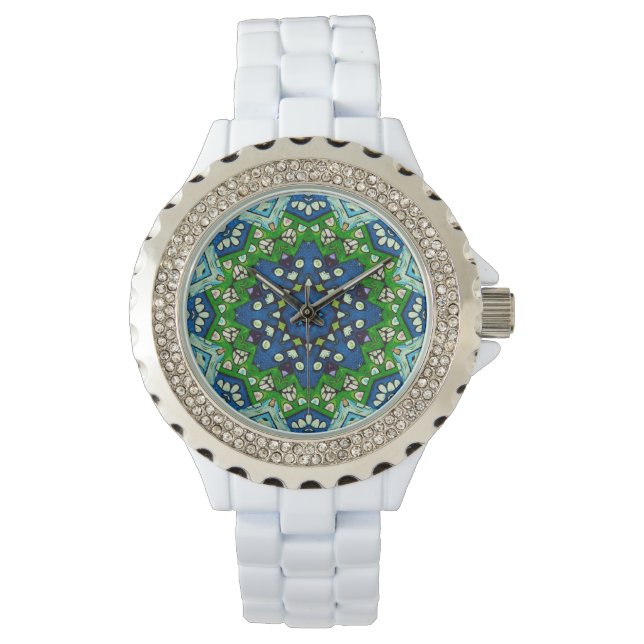 Mandala Retro Mosaic Green Blue Pattern Horloge (Voorkant)