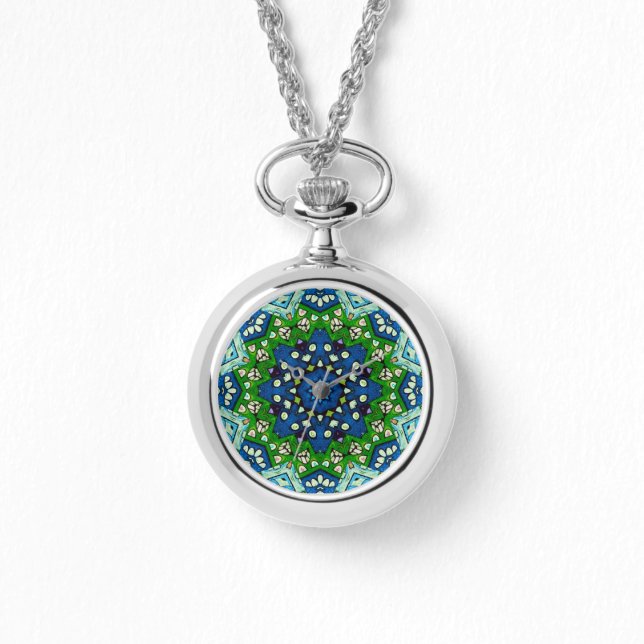 Mandala Retro Mosaic Green Blue Pattern Horloge (Voorkant)