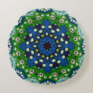 Mandala Retro Mosaic Green Blue Pattern Rond Kussen