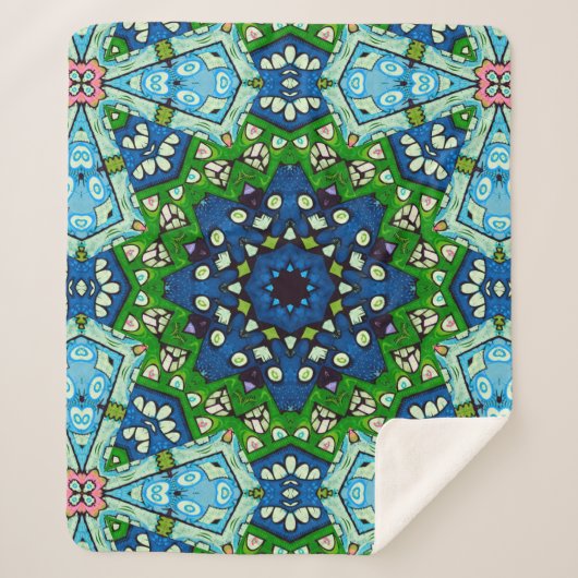 Mandala Retro Mosaic Green Blue Pattern Sherpa Deken (Voorkant)