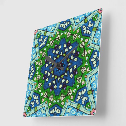 Mandala Retro Mosaic Green Blue Pattern Vierkante Klok (Hoek)