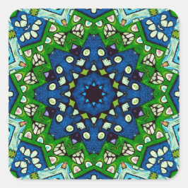 Mandala Retro Mosaic Green Blue Pattern Vierkante Sticker