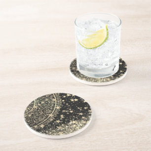 Mandala scannen met gouden sterren op zwart  zandsteen onderzetter