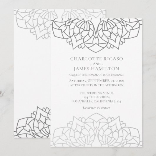 Mandala Silver Gray Pattern Personalized Wedding Kaart (Voorkant / Achterkant)