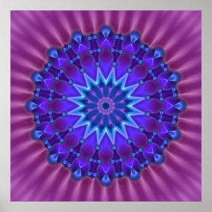 Mandala ster in blauw   magenta bloem poster
