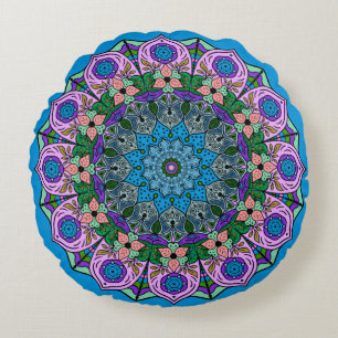 Mandala TealRose 12 Petals Roze Oranje Blauwgroen Rond Kussen