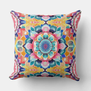 Mandala Tegel in roze, Blauwgroen en geel Kussen