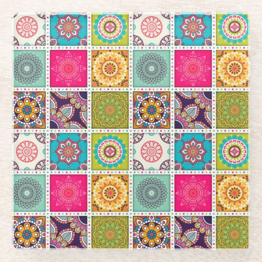 Mandala Tegel Pattern Glazen Onderzetter (Voorkant)