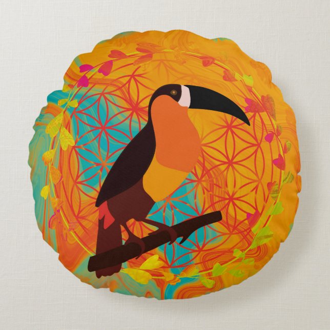 Mandala vogel rond kussen (Voorkant)