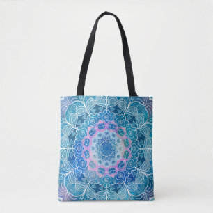 Mandala White Outline 12 on Blue Blauwgroen - Draagtas