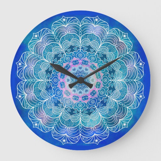 Mandala Wit Omtrek blauwe Waterverf - Grote Klok (Voorkant)