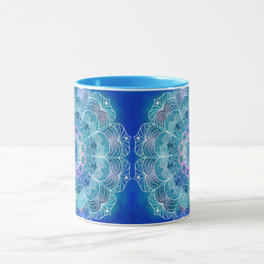 Mandala Wit Omtrek blauwe Waterverf - Mok (Midden)