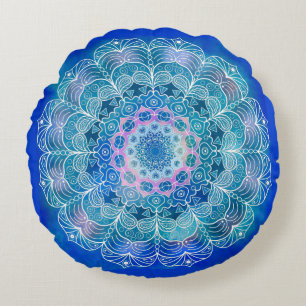 Mandala Wit Omtrek blauwe Waterverf - Rond Kussen