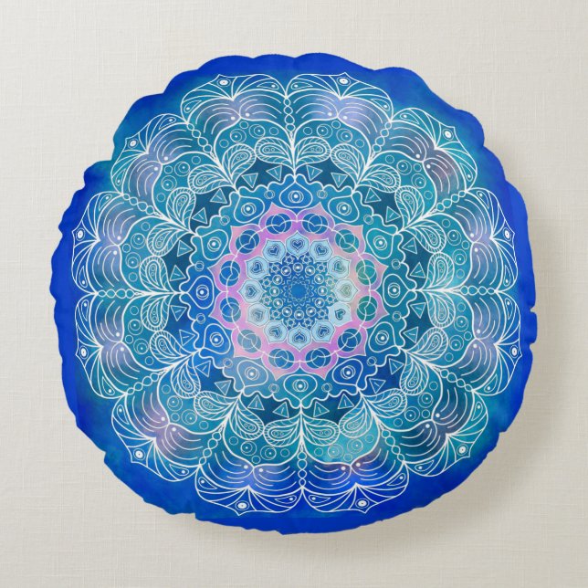 Mandala Wit Omtrek blauwe Waterverf - Rond Kussen (Voorkant)