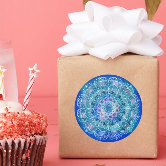 Mandala Wit Omtrek blauwe Waterverf - Ronde Sticker (Feest)