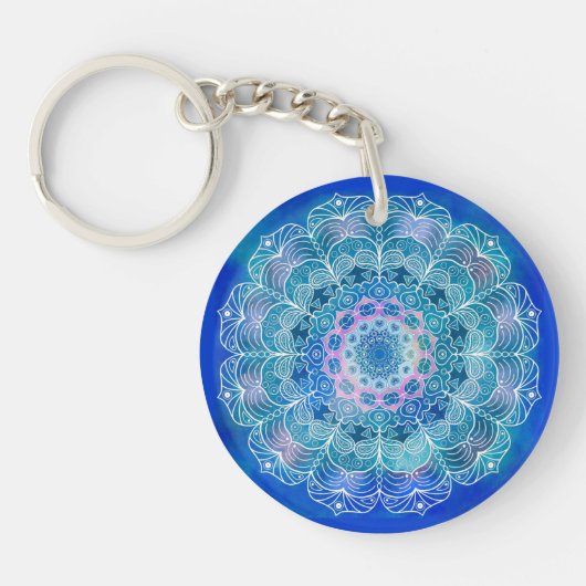 Mandala Wit Omtrek blauwe Waterverf - Sleutelhanger (Voorkant)