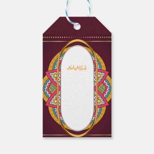 Mandalas op maroon achtergrond cadeaulabel (Voorkant)