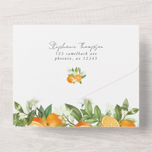 Mandarijn Sinaasappel Waterverf Bruiloft All In One Uitnodiging (Achterkant)