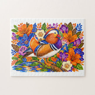 Mandarijneend Vijver Kleurrijke Lelie Bloemen Wate Legpuzzel