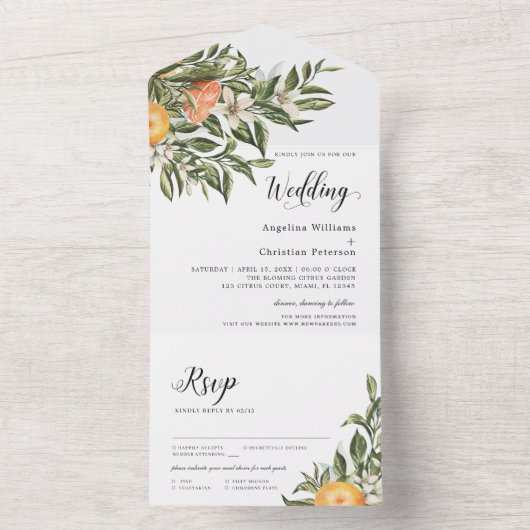 mandarijnenbloeiende citrus | Greenery Wedding All In One Uitnodiging (Binnen)
