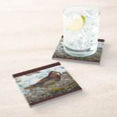 Mandarin Duck met vis bij het meer Glazen Onderzetter (Schuin)