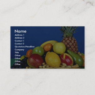 mandje met kleurrijk fruit op blauwe achtergrond visitekaartje