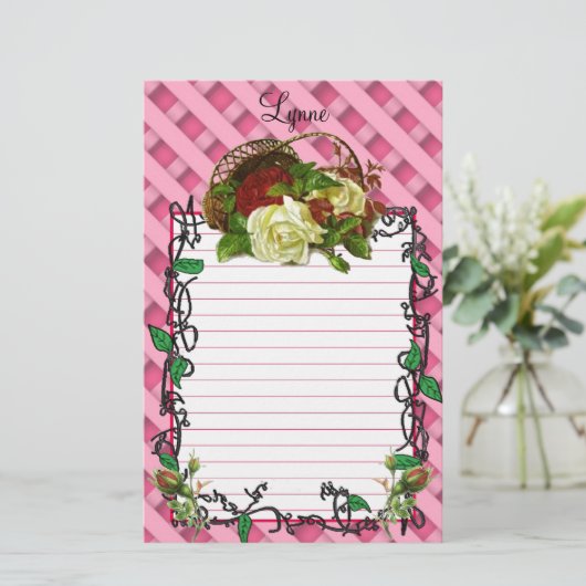 mandje rode en witte Rozen Briefpapier (Staand voorkant)