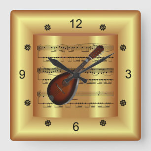 Mandolin ~ Curved Sheet Music ~ Gold Background Vierkante Klok
