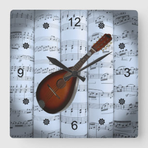 Mandolin~Rollend blad Muziek~Blue Tint Background Vierkante Klok