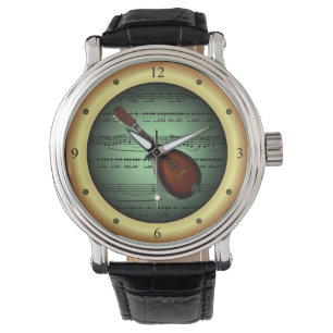 Mandolin ~ Sheet Music ~ Green/Gold Background ~ Horloge