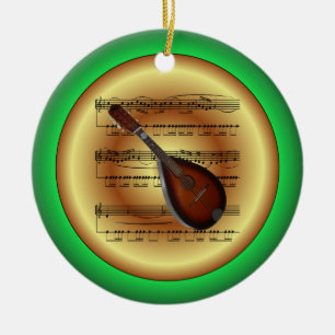 Mandolin~Sheet Music~Red/Green/Gold~Kerst~ Keramisch Ornament