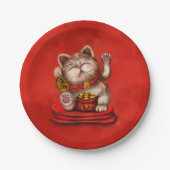 Maneki-neko Becelling cat op rood Papieren Bordje (Voorkant)